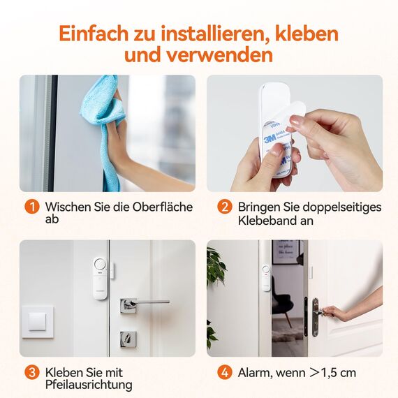 TECKNET Fensteralarm Einbruchschutz, Türalarm mit Fernbedienung, Kabellose Alarmanlage, 4 Funktionsmodi der Sirene für Haus, Geschäft, Pool und Wohnmobil (4er-Pack)