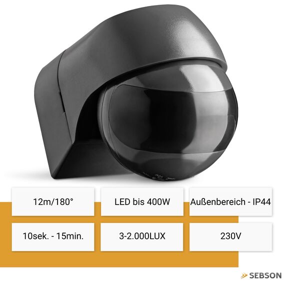 SEBSON Bewegungsmelder Außen IP44 Aufputz Anthrazit - LED geeignet, programmierbar, Infrarot Sensor 12m / 180°, Wand Montage, schwenkbar, 3-Draht