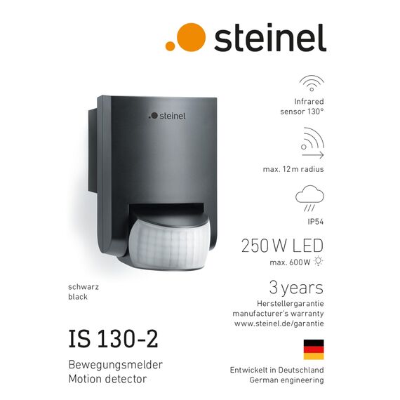 Steinel Bewegungsmelder IS 130-2 schwarz, 130° Bewegungssensor, 12 m Reichweite, für den Innen- und Außenbereich, IP54