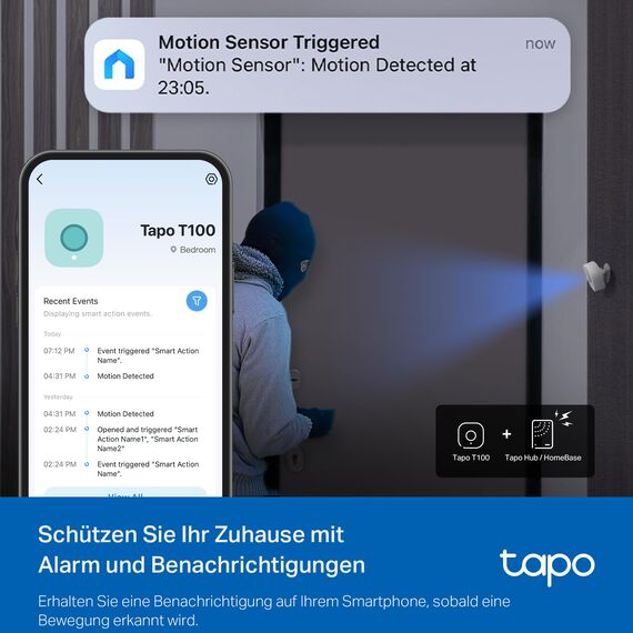 TP-Link Tapo T100 Bewegungsmelder, für Alarmanlage und Smart Home, Weitbereichserkennung, Batterielebensdauer über 1 Jahr, Tapo Hub Benötigt