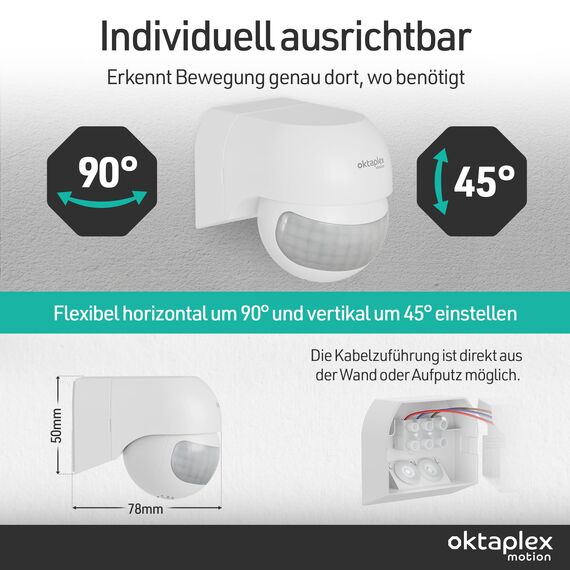 Oktaplex 2er Set Ana Bewegungsmelder Aussen schwenkbar 230 V IP44 180° Bewegungssensor 12 m Reichweite Weiss Aufputz PIR-Sensor