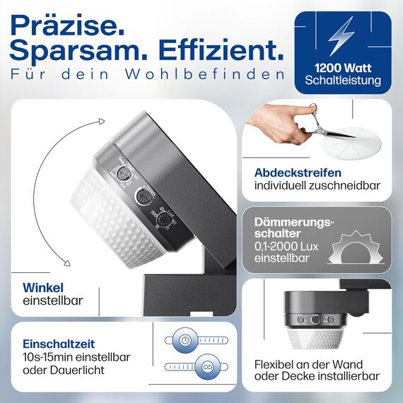 HUBER Motion 100 Infrarot Bewegungsmelder 360° mit 4 Sensoren und Fresnel-Linse - IP65 Bewegungsmelder LED geeignet I inkl. Unterkriechschutz & Bereichsbegrenzung, Wand-/Deckenmontage, anthrazit