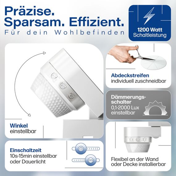 HUBER Motion 100 Infrarot Bewegungsmelder 360° mit 4 Sensoren und Fresnel-Linse - IP65 Bewegungsmelder LED geeignet I inkl. Unterkriechschutz & Bereichsbegrenzung, Wand-/Deckenmontage, weiß