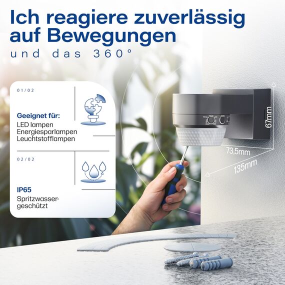 HUBER Motion 100 Infrarot Bewegungsmelder 360° mit 4 Sensoren und Fresnel-Linse - IP65 Bewegungsmelder LED geeignet I inkl. Unterkriechschutz & Bereichsbegrenzung, Wand-/Deckenmontage, anthrazit