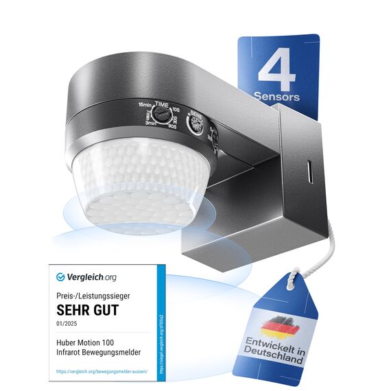 HUBER Motion 100 Infrarot Bewegungsmelder 360° mit 4 Sensoren und Fresnel-Linse - IP65 Bewegungsmelder LED geeignet I inkl. Unterkriechschutz & Bereichsbegrenzung, Wand-/Deckenmontage, anthrazit
