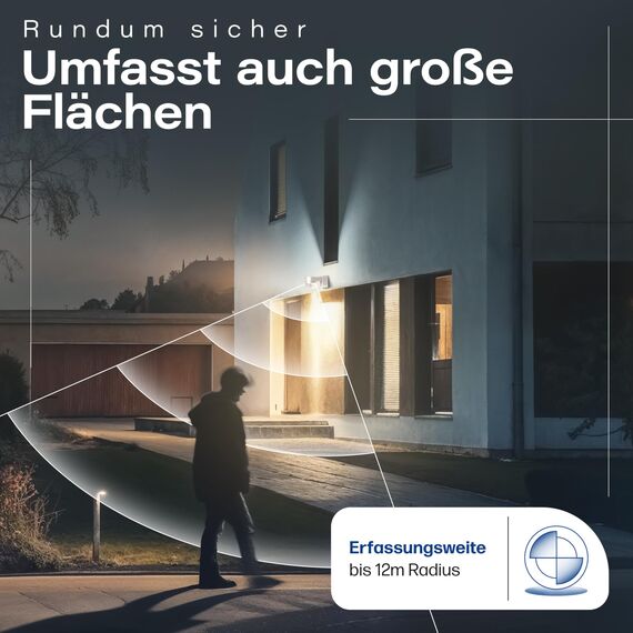 HUBER Motion 100 Infrarot Bewegungsmelder 360° mit 4 Sensoren und Fresnel-Linse - IP65 Bewegungsmelder LED geeignet I inkl. Unterkriechschutz & Bereichsbegrenzung, Wand-/Deckenmontage, weiß