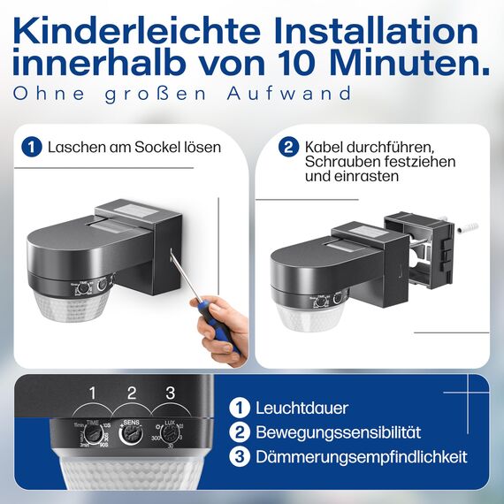 HUBER Motion 100 Infrarot Bewegungsmelder 360° mit 4 Sensoren und Fresnel-Linse - IP65 Bewegungsmelder LED geeignet I inkl. Unterkriechschutz & Bereichsbegrenzung, Wand-/Deckenmontage, anthrazit