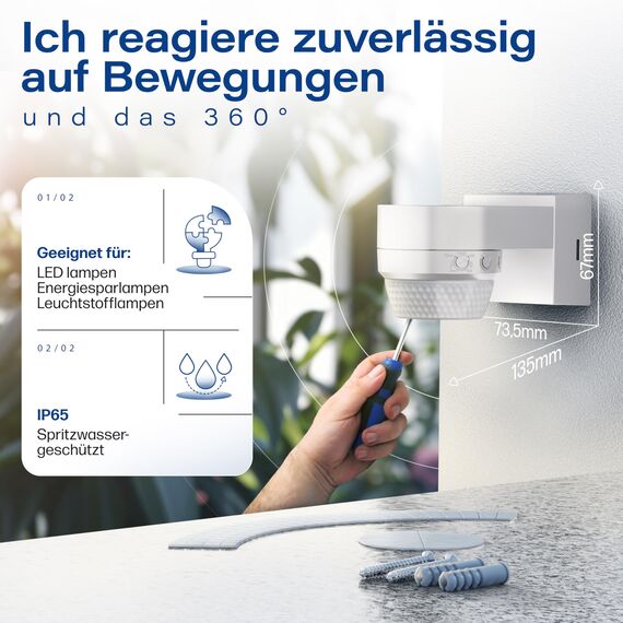 HUBER Motion 100 Infrarot Bewegungsmelder 360° mit 4 Sensoren und Fresnel-Linse - IP65 Bewegungsmelder LED geeignet I inkl. Unterkriechschutz & Bereichsbegrenzung, Wand-/Deckenmontage, weiß