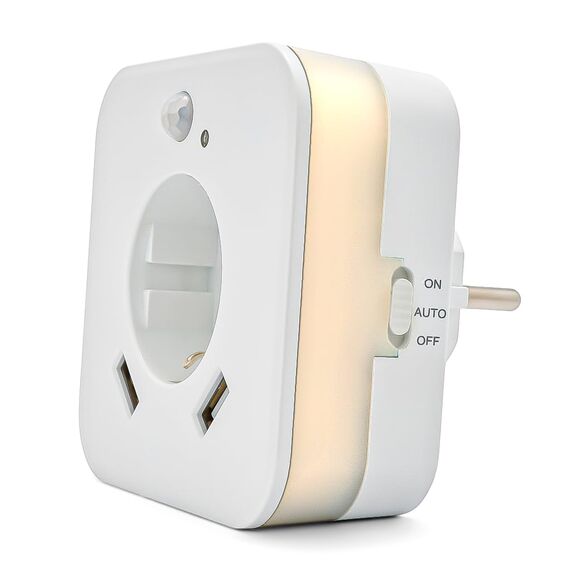 smrter LED-Nachtlicht mit Bewegungsmelder und Steckdose, 2x USB 2.4A, weiß, automatischer Lichtsensor, GS (geprüfte Sicherheit) (1 Stück)