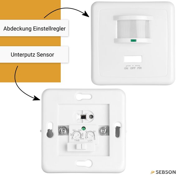 SEBSON Bewegungsmelder Innen Unterputz Wand, LED geeignet, IR Sensor programmierbar - passend für Hohlraumdose 68mm - Reichweite 9m/160° - 2er Set