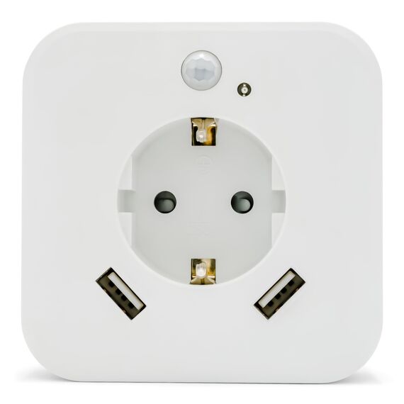 smrter LED-Nachtlicht mit Bewegungsmelder und Steckdose, 2x USB 2.4A, weiß, automatischer Lichtsensor, GS (geprüfte Sicherheit) (1 Stück)