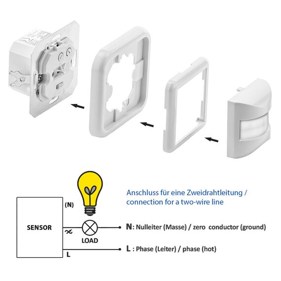 deleyCON 1x Infrarot Bewegungsmelder Unterputz Wandmontage Innenbereich Lichtsteuerung 160° Arbeitsfeld 9m Reichweite eingebauter Lichtsensor Weiß