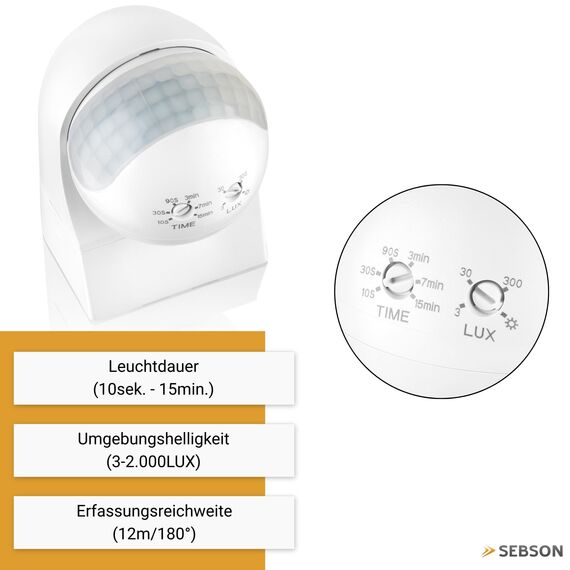 SEBSON Bewegungsmelder Aussen IP44, Aufputz, Wand Montage, programmierbar, Infrarot Sensor, Reichweite 12m / 180°, LED geeignet, schwenkbar, 3-Draht