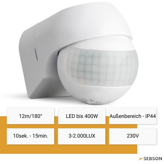 SEBSON Bewegungsmelder Aussen IP44, Aufputz, Wand Montage, programmierbar, Infrarot Sensor, Reichweite 12m / 180°, LED geeignet, schwenkbar, 3-Draht