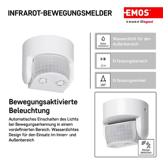 EMOS - Infrarot-Bewegungsmelder wasserdicht - Reichweite 12 m - Empfindlichkeit 3-2000 Lux - Detektionswinkel 180° - Schaltdauer 10 Sek bis 15 Min - 230 V zur Aufputzmontage - für Innen & Außen - weiß