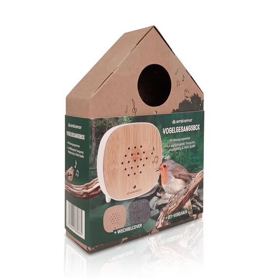 ambiamor Vogelgezwitscher Bewegungsmelder-Box wiederaufladbar mit 3 Wechselcovern, 13+ Styles und 2 Tonspuren - Vogelgesang & Waldquelle