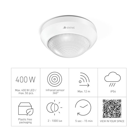 Steinel Bewegungsmelder IS 360-3 weiß, 2000 W Schaltlast, 360° PIR Sensor, 12 m Reichweite, LED geeignet, Deckenmontage