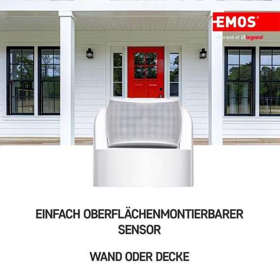 EMOS - Infrarot-Bewegungsmelder wasserdicht - Reichweite 12 m - Empfindlichkeit 3-2000 Lux - Detektionswinkel 180° - Schaltdauer 10 Sek bis 15 Min - 230 V zur Aufputzmontage - für Innen & Außen - weiß