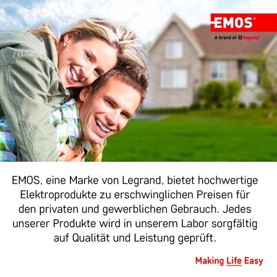 EMOS - Infrarot-Bewegungsmelder wasserdicht - Reichweite 12 m - Empfindlichkeit 3-2000 Lux - Detektionswinkel 180° - Schaltdauer 10 Sek bis 15 Min - 230 V zur Aufputzmontage - für Innen & Außen - weiß