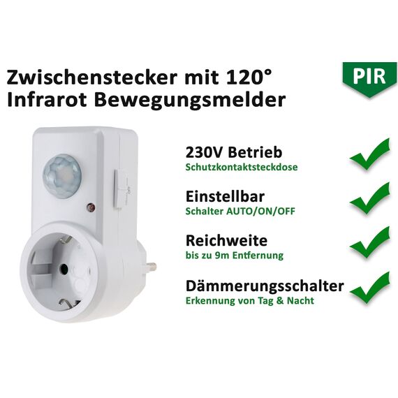 ChiliTec Steckdose Zwischenstecker mit Bewegungsmelder 120° 9m Reichweite 1200W 230V Adapter Sensor Schaltzeit 10sek.-15min Empfindlichkeit einstellbar für Beleuchtung im Innenbereich Weiß