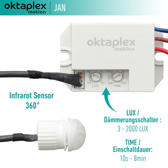 Oktaplex Jan Einbau-Bewegungsmelder Aussen IP65 / IP20 360° Infrarot-Sensor klein 8m Reichweite 230V mit Dämmerungssensor, Elektrisch, Weiß Matt