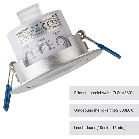 SEBSON Bewegungsmelder Innen, Unterputz Decken Montage, programmierbar, Infrarot Sensor, Reichweite 3-8m / 360°, LED geeignet, schwenkbar, 3-Draht