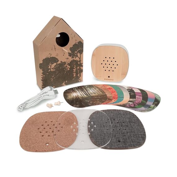 ambiamor Vogelgezwitscher Bewegungsmelder-Box wiederaufladbar mit 3 Wechselcovern, 13+ Styles und 2 Tonspuren - Vogelgesang & Waldquelle
