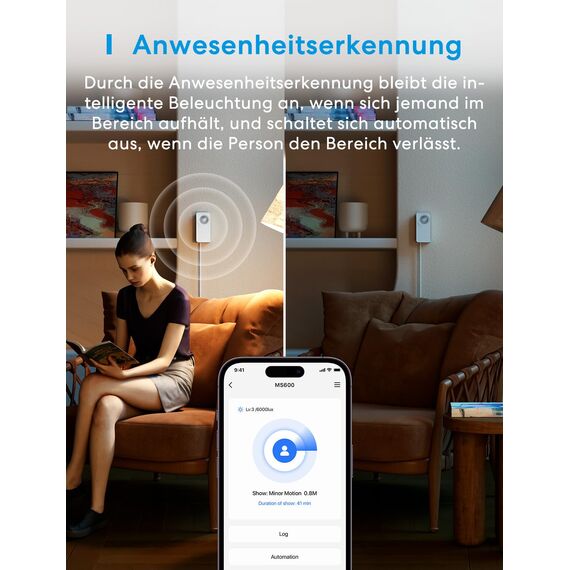 Meross Matter Präsenzmelder, 3-in-1 Smart Anwesenheitssensor mit AI-Erkennung, WLAN Bewegungsmelder mit App-Benachrichtigung, Funktioniert mit Apple HomeKit, Home Assistant, Alexa, Google Home