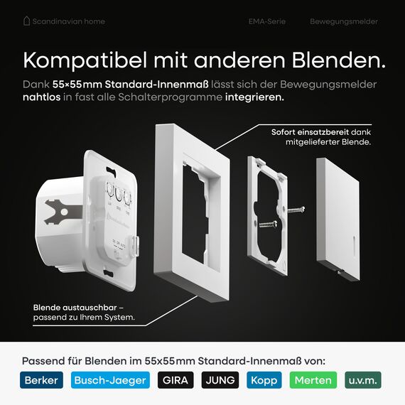 Scandinavian home Bewegungsmelder Innen - HF Bewegungsmelder Lichtschalter Standardmaß 55-180° 15m Erfassung, mit 3-Draht-Technik/Neutralleiter für LED, Unterputz Montage - Weiß Glänzend