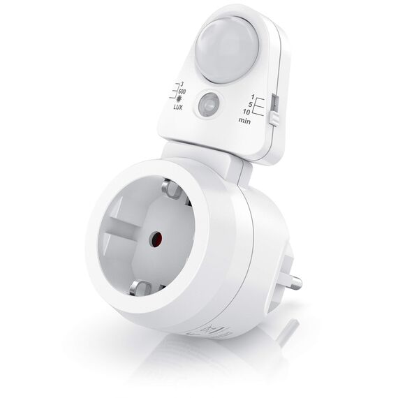 CSL - Steckdosen Bewegungsmelder mit Timer - Zeitschaltuhr digital – Lichtsensor 3, 600, 1200 Lux – PIR Infrarotsensor Bewegungssensor – Sensoreinheit 180° drehbar - 1, 5, 10 Minuten - 10A, 2300 W