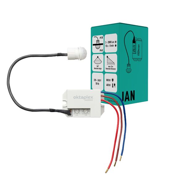 Oktaplex Jan Einbau-Bewegungsmelder Aussen IP65 / IP20 360° Infrarot-Sensor klein 8m Reichweite 230V mit Dämmerungssensor, Elektrisch, Weiß Matt