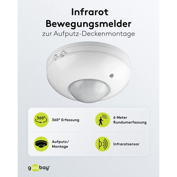 Goobay 95172 Infrarot Bewegungsmelder für Innen IP20 mit 360° Pir Sensor für Led Deckenleuchte Melder Decke Aufputz Montage 6m Reichweite Weiß