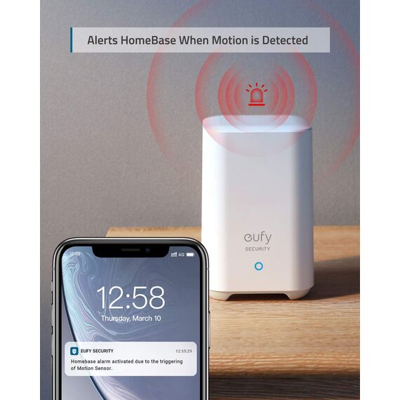 eufy Security Bewegungssensor, Sicherheitssystem mit Alarm, 100° Blickfeld, 9m Reichweite, 2 Jahre Akku, Einstellbare Empfindlichkeit, Steuert HomeBase Überwachungsgeräte, HomeBase notwendig