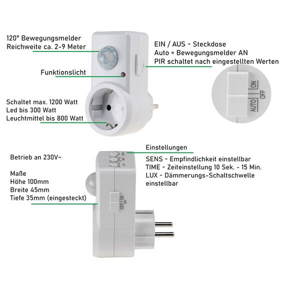 ChiliTec Steckdose Zwischenstecker mit Bewegungsmelder 120° 9m Reichweite 1200W 230V Adapter Sensor Schaltzeit 10sek.-15min Empfindlichkeit einstellbar für Beleuchtung im Innenbereich Weiß