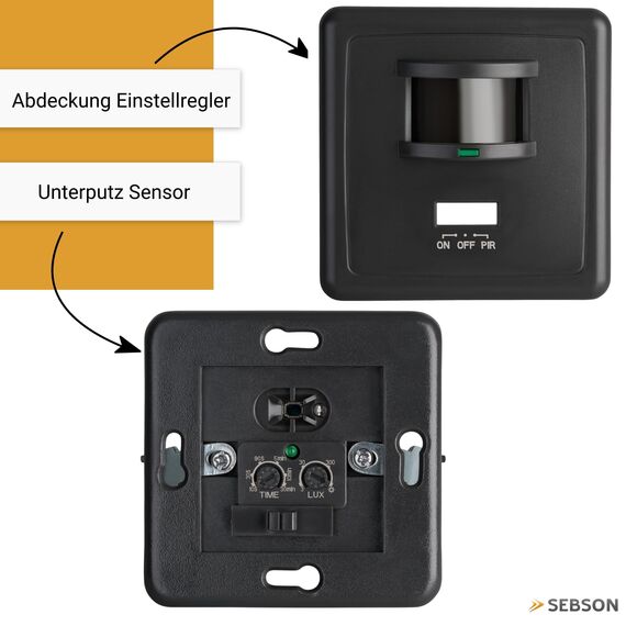 SEBSON Bewegungsmelder Innen Unterputz, LED geeignet, Wand Montage, IR Sensor programmierbar - passend für Hohlraumdose 68mm - Reichweite 9m/160°