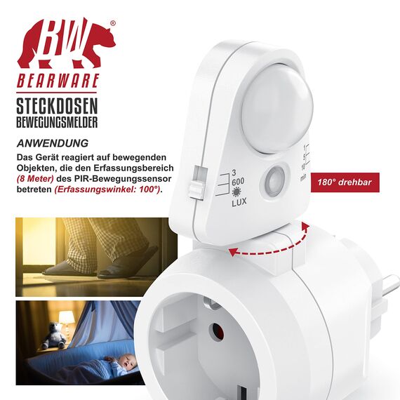 CSL - Steckdosen Bewegungsmelder mit Timer - Zeitschaltuhr digital – Lichtsensor 3, 600, 1200 Lux – PIR Infrarotsensor Bewegungssensor – Sensoreinheit 180° drehbar - 1, 5, 10 Minuten - 10A, 2300 W