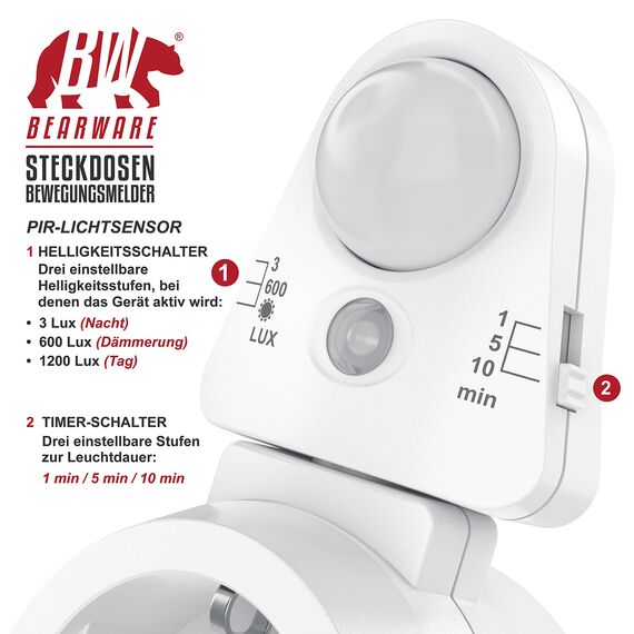 CSL - Steckdosen Bewegungsmelder mit Timer - Zeitschaltuhr digital – Lichtsensor 3, 600, 1200 Lux – PIR Infrarotsensor Bewegungssensor – Sensoreinheit 180° drehbar - 1, 5, 10 Minuten - 10A, 2300 W