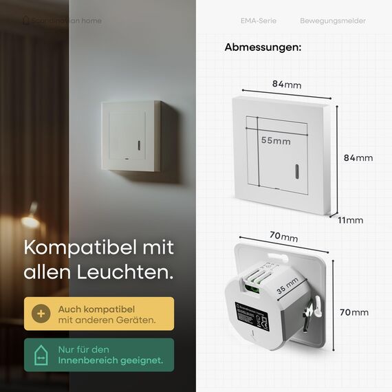 Scandinavian home Bewegungsmelder Innen - HF Bewegungsmelder Lichtschalter Standardmaß 55-180° 15m Erfassung, mit 3-Draht-Technik/Neutralleiter für LED, Unterputz Montage - Weiß Glänzend