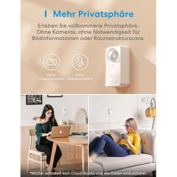 Meross Matter Präsenzmelder, 3-in-1 Smart Anwesenheitssensor mit AI-Erkennung, WLAN Bewegungsmelder mit App-Benachrichtigung, Funktioniert mit Apple HomeKit, Home Assistant, Alexa, Google Home