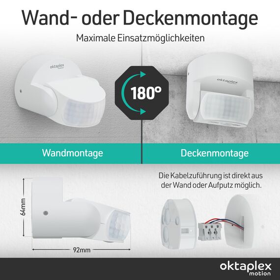Oktaplex Bea Bewegungsmelder Außen IP65 schwenkbar 180° Infrarot-Sensor 12m Reichweite 230V weiß mit Dämmerungssensor