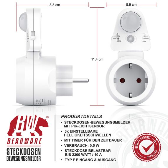 CSL - Steckdosen Bewegungsmelder mit Timer - Zeitschaltuhr digital – Lichtsensor 3, 600, 1200 Lux – PIR Infrarotsensor Bewegungssensor – Sensoreinheit 180° drehbar - 1, 5, 10 Minuten - 10A, 2300 W