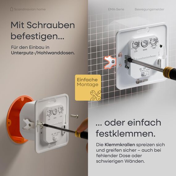 Scandinavian home Bewegungsmelder Innen - HF Bewegungsmelder Lichtschalter Standardmaß 55-180° 15m Erfassung, mit 3-Draht-Technik/Neutralleiter für LED, Unterputz Montage - Weiß Glänzend