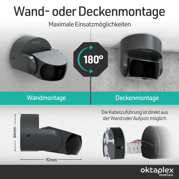 Oktaplex Bea Bewegungsmelder Aussen IP65 schwenkbar 180° Infrarotsensor 10m Reichweite 230V anthrazit mit Dämmerungssensor