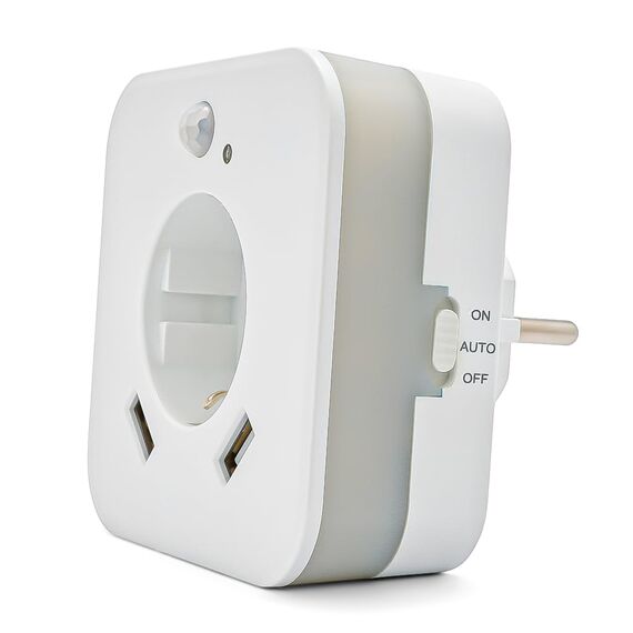 smrter LED-Nachtlicht mit Bewegungsmelder und Steckdose, 2x USB 2.4A, Auto/Ein/Aus Schalter, automatischer Lichtsensor, GS (geprüfte Sicherheit) (3 Stk)