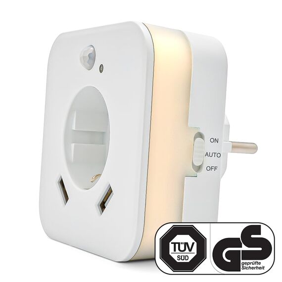 smrter LED-Nachtlicht mit Bewegungsmelder und Steckdose, 2x USB 2.4A, Auto/Ein/Aus Schalter, automatischer Lichtsensor, GS (geprüfte Sicherheit) (3 Stk)