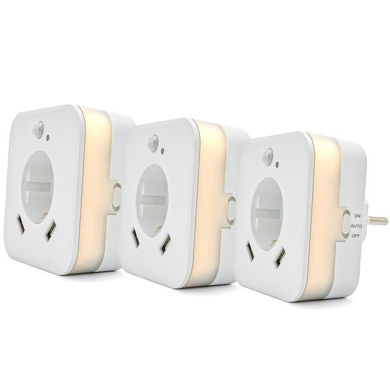 smrter LED-Nachtlicht mit Bewegungsmelder und Steckdose, 2x USB 2.4A, Auto/Ein/Aus Schalter, automatischer Lichtsensor, GS (geprüfte Sicherheit) (3 Stk)