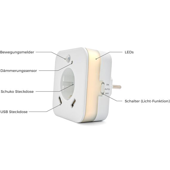 smrter LED-Nachtlicht mit Bewegungsmelder und Steckdose, 2x USB 2.4A, Auto/Ein/Aus Schalter, automatischer Lichtsensor, GS (geprüfte Sicherheit) (3 Stk)