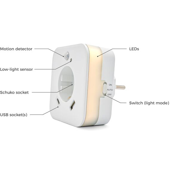 smrter LED-Nachtlicht mit Bewegungsmelder und Steckdose, 2x USB (1x USB C + 1x USB A) 2.4A, weiß, Ein/Aus/Auto Modus-Schalter, automatischer Lichtsensor, GS (geprüfte Sicherheit) (2 Stück [mit USB-C])