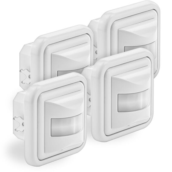 deleyCON 4X Infrarot Bewegungsmelder Unterputz Wandmontage Innenbereich Lichtsteuerung 160° Arbeitsfeld 9m Reichweite eingebauter Lichtsensor Weiß