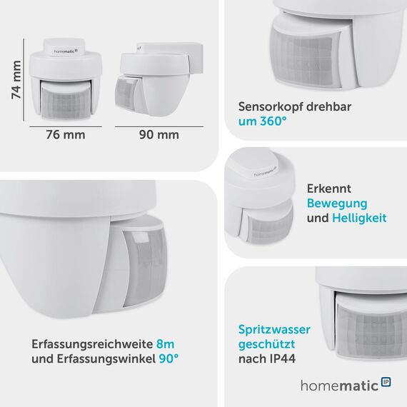 Homematic IP Smart Home Bewegungsmelder mit Dämmerungssensor – außen, Zubehör für Smart Home, Bewegungserkennung, schaltet Leuchten, Energie sparen, 156203A0